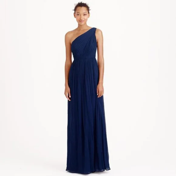J.Crew Silk Chiffon Kylie Dress 10 $365 Navy Maxi One Shoulder Gown - Picture 2 of 6